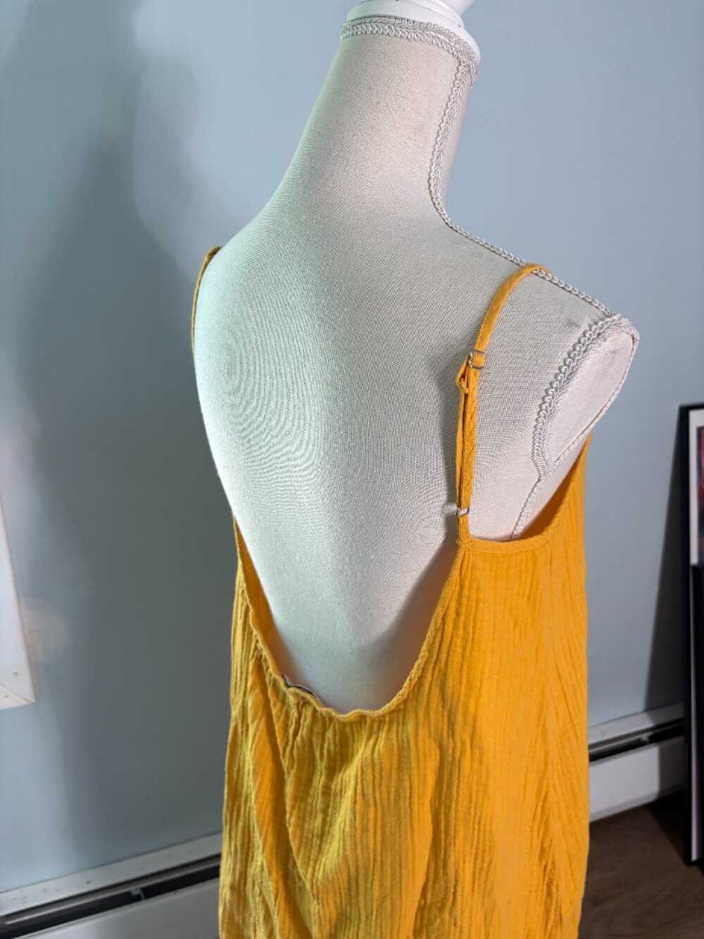 STARKx Low Back Cami Dress size S small golden yellow midi cotton gauze slit - Picture 3 of 8